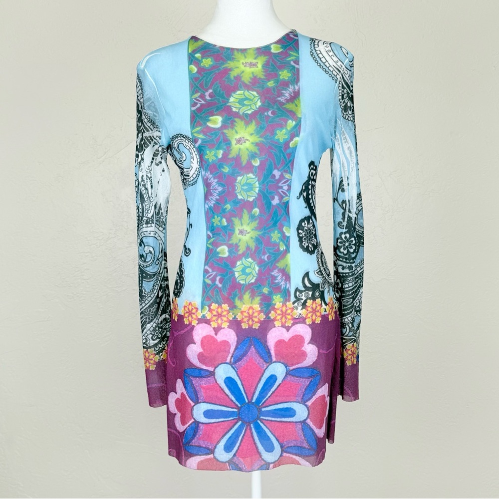 Petit Pois by Viviana G Long Sleeve Printed Stretch Nylon Mesh Mini Dress L